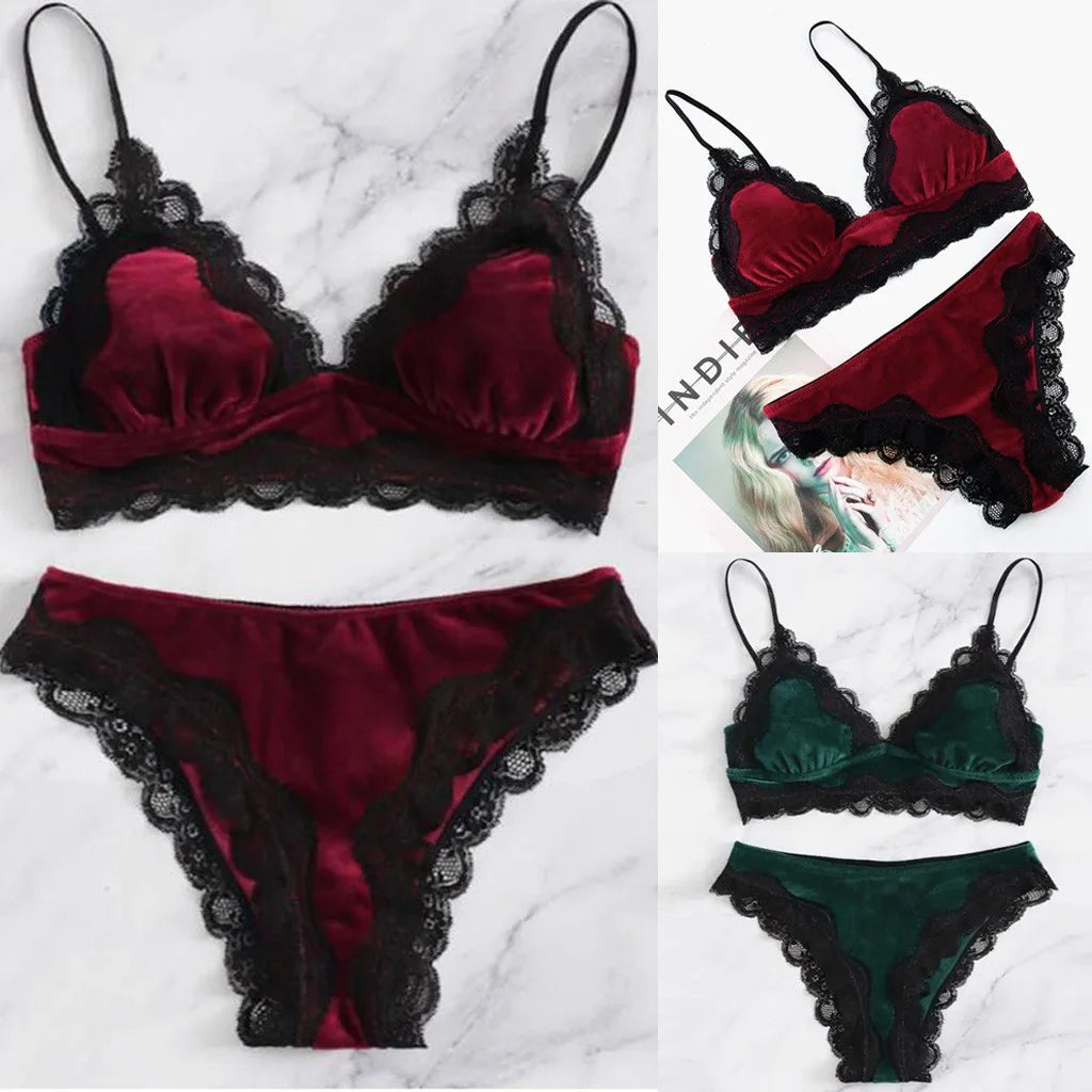 Solid Comfy Velvet Lingeries for Women Floral Lace Gathered Bras and Thong Set 2Pcs Seductive Lingerie Sexy Sleepwear Pajama Set